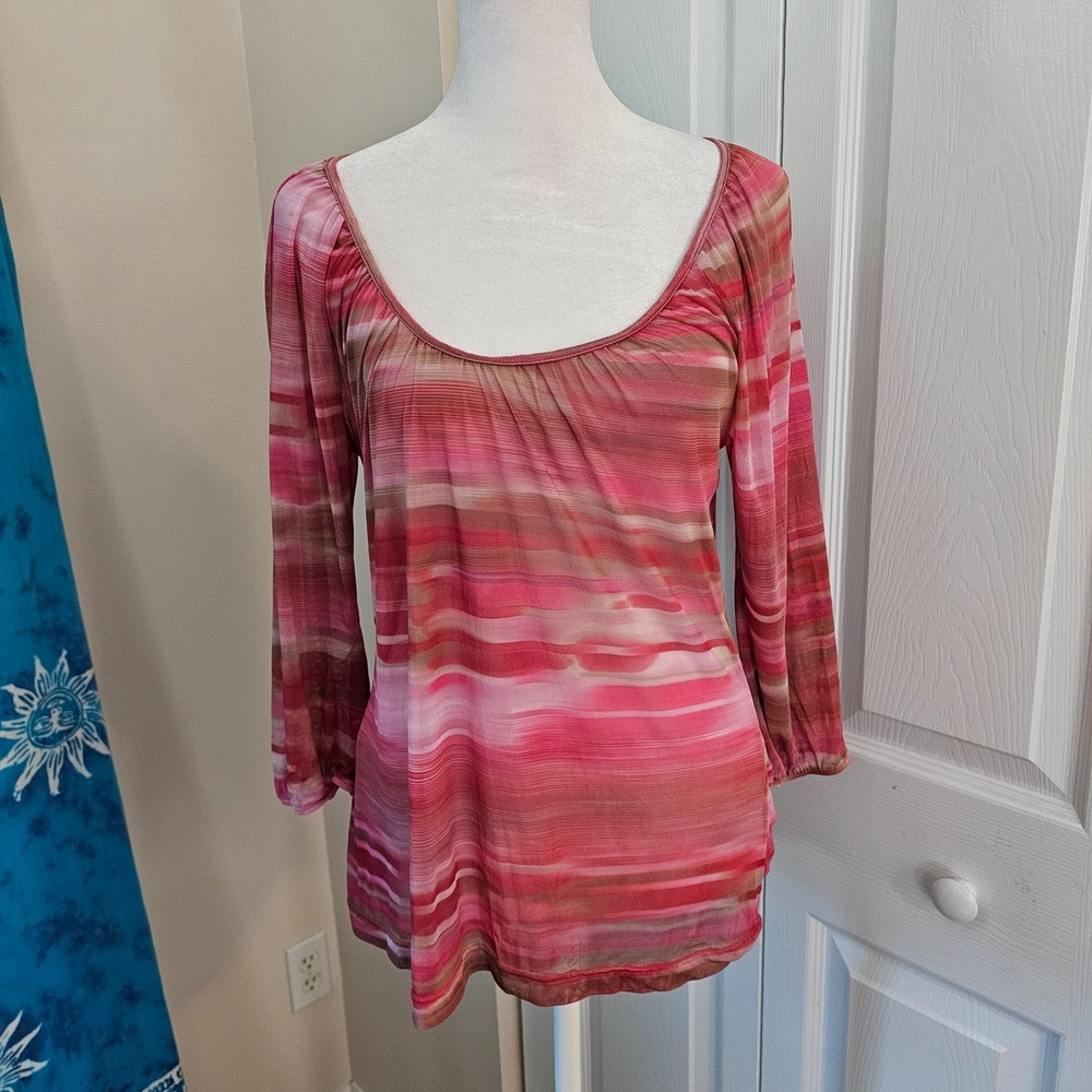 Express M Pink Striped Scoop Neck Blouse 3/4 Sleeve Sheer Lightweight Y2K